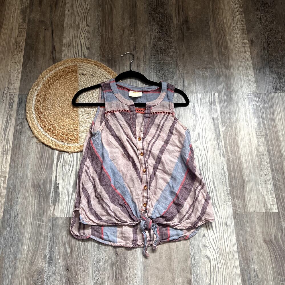 MAEVE By Anthropologie Linen Stripes Tie Front Hem Womens Top